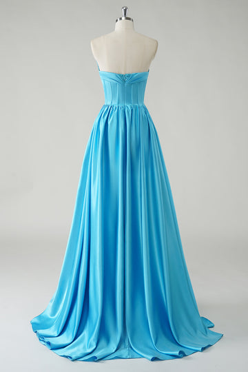 Sparkly Blue A-Line Sequin Strapless Corset Long Prom Dress